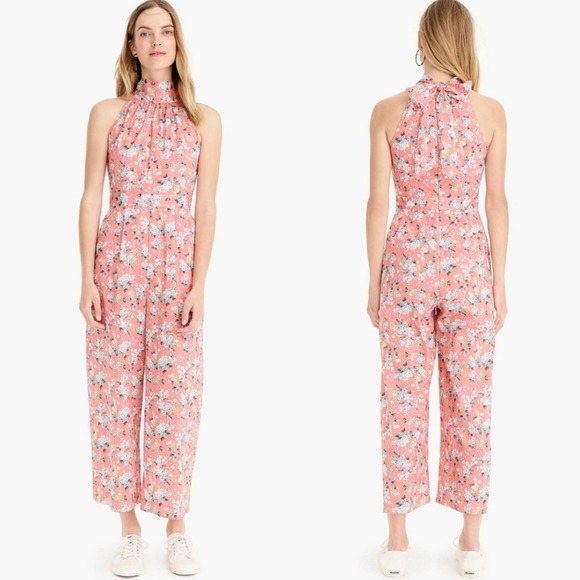 J. Crew Liberty Josephine Floral Print Halter Neck Pink Coral Jumpsuit Size 2 - Picture 1 of 12